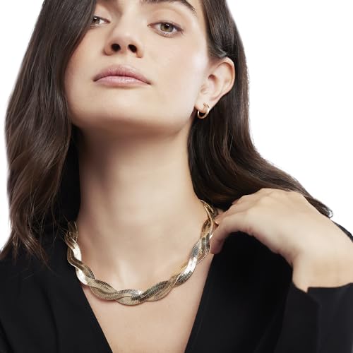 JTV Braided Gold-Plated Herringbone Chain Necklace for Women - Thick Adjustable Chain with Crystal Accent Clasp - Elegant Gold Necklace for Everyday or Formal Wear - Gift Box Included4