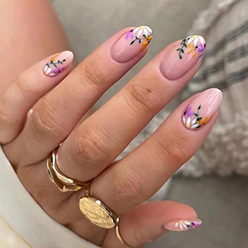 24 Pcs Short Fake Nails Small Flower Press on Nails, Round Head Almond Shaped Press on Nails Full Cover Purple False Nails with Designs Acrylic Nails for Women DIY Manicure Decorations