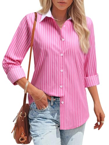 Striped Button Down Shirts for Women Cotton Dress Shirt Long Slee...