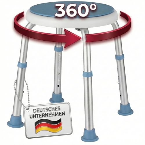 EdelFaktum 360° Duschhocker, drehbarer und höhenverstellbarer Duschstuhl belastbar bis 136kg, Rutschfester Badhocker