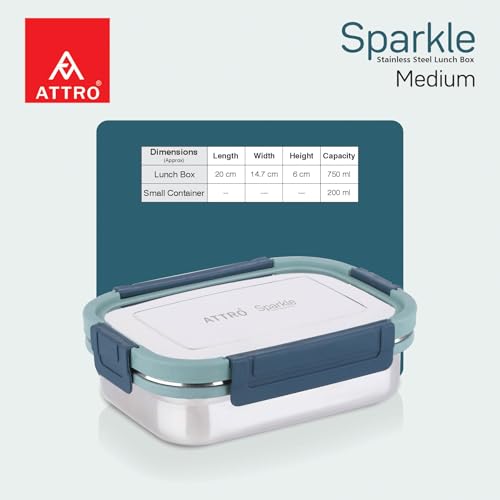 Image of ATTRO Sparkle Medium Stainless Steel Lunch Box 2-Piece Set - 800ml + 150ml - Leak-Proof, BPA-Free, Compact & Durable - Ideal for Kids, Office, Travel - Green