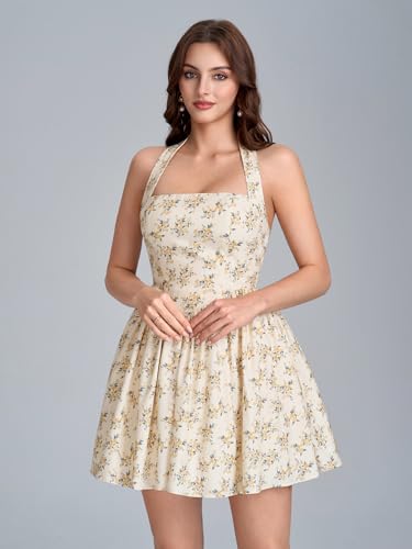 Image of Parthea Women's Floral Halter Mini Corset Dress Sleeveless A Line Flowy Cute Party Graduation Dress