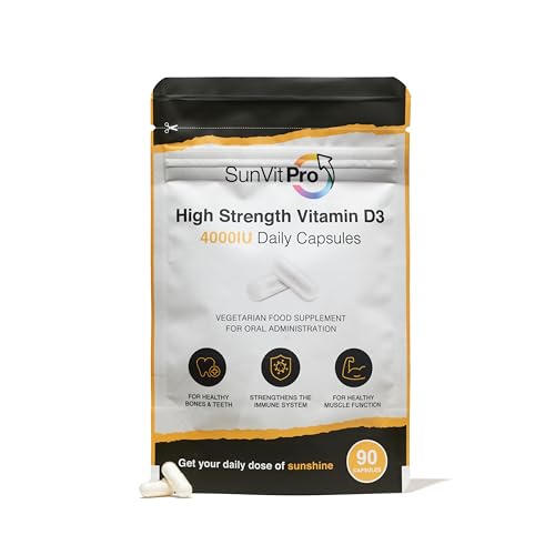 SunVit-D3 Vitamin D3 4000 IU Capsules | High Strength Vitamin D Capsules Supports Immune System, Bone, Teeth & Muscle Health | Gluten Free, Dairy Free | Vitamin D Supplements (90 Count)