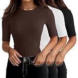 Riyiper 3 Pack Women's Half Sleeve Tops, Elbow Length Ribbed Cotton T Shirt Crew Neck Summer Tee Slim Fit Casual Blouses(Black, White, Brown,Medium)