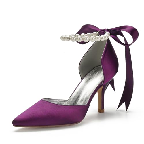 Image of Women's Pearl White Wedding Shoes for Bride High Heels Pointed Toe Bridal Shoes Satin Prom Party Dress Pumps Sandals