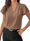 EVALESS Womens Tops Dressy Casual Summer Ruffle Short Sleeve Pleated V Neck Work Business Blouses Trendy 2026 Dark Khaki L