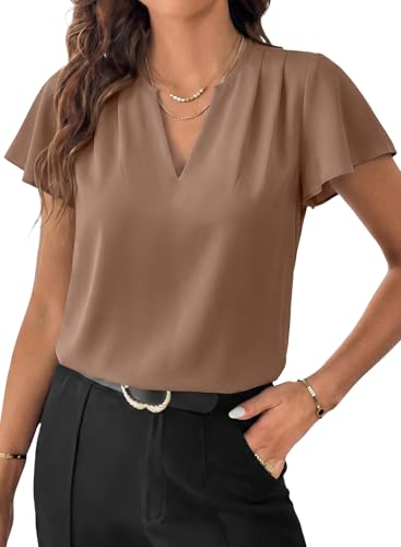 EVALESS Business Casual Tops for Women Flutter Sleeve Blouses,Dark Khaki,XL