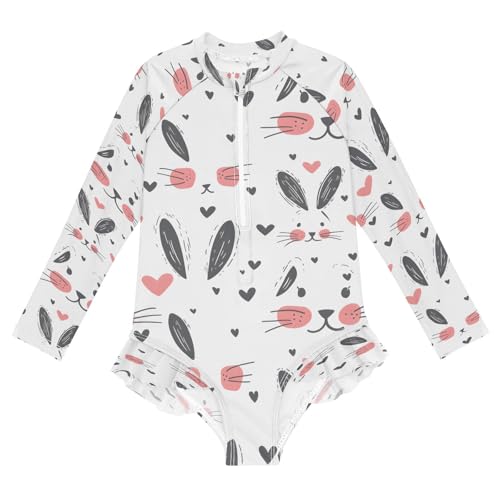 Rabbit Hand Drawn Girls Long Sleeve Swimsuits One Piece Zipper Bathing Suit UPF 50+ Rashguard Swimwear