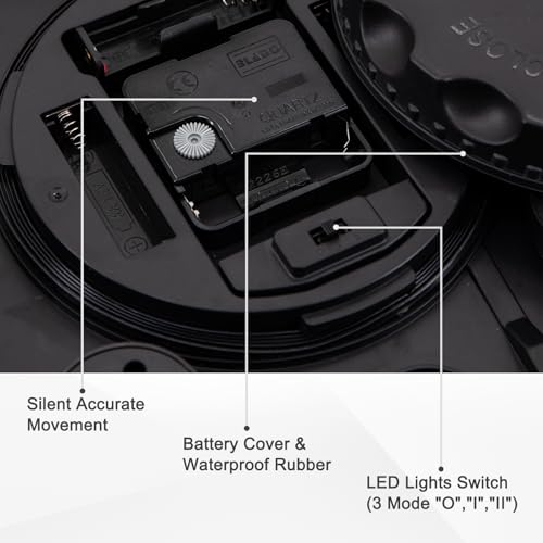 OCEST Metall Großes Nachtlicht Außenuhr Wasserdicht, 15 Zoll Leise Outdoor Indoor Uhr Beleuchtete Wanduhr Batteriebetrieben für Garten Pool Terrasse Wohnzimmer Dekorativ