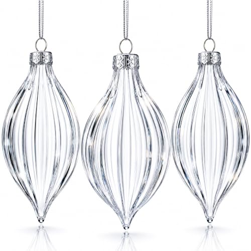 Set of 3 Striped Rhombus Finial Clear Glass Ornament 5.8 Inches