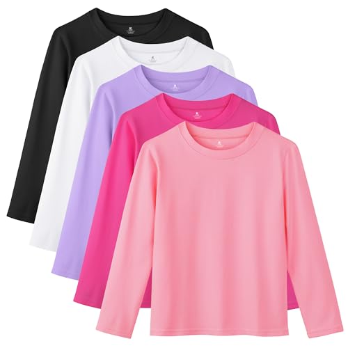 5 Pack Cotton Girls Long Sleeve Shirts Toddler Soft Basic T-Shirts Top Kids Crewneck Layering Tees