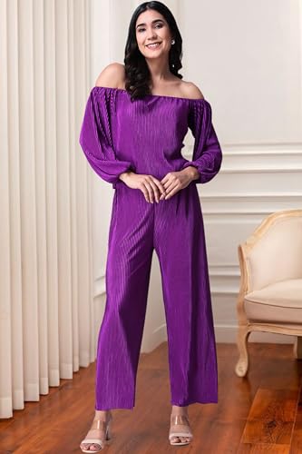 Image of POPWINGS Casual Wrinkle Full Sleeves Off-Shoulder Top and Palazzo Co-ord Set for Women || Co-Ords Set for Women Stylish Western || Top and Palazzos Set for Women|| 2 Piece Set for Women