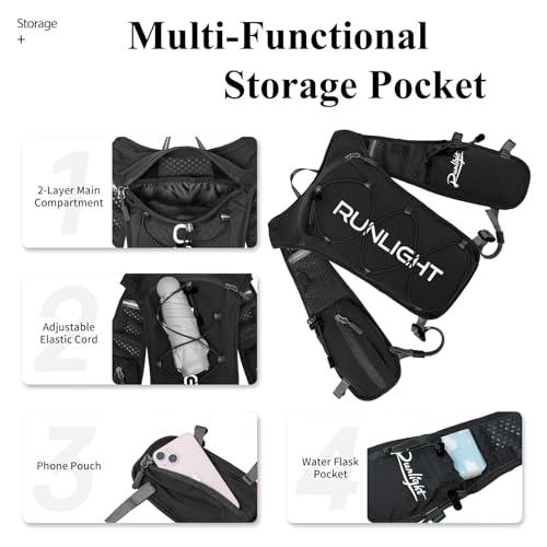 Runlight Chaleco de running para hombre y mujer, correas ajustables, chaleco de carrera con botella de agua de 1500 ml (negro, talla única) - imagen 5
