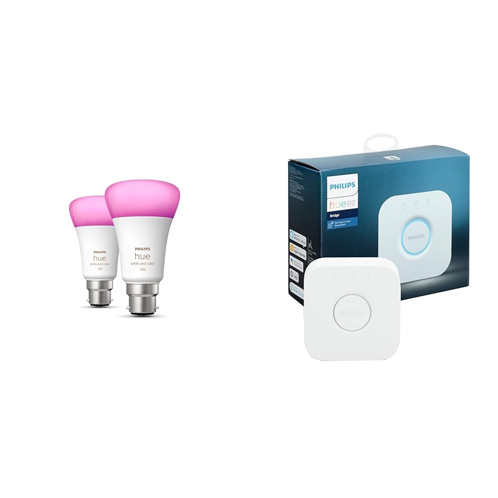 Philips Hue Philips Hue White & Colour Ambiance Smart Bulb Twin Pack LED [B22 Bayonet Cap] - 1100 Lumens & Bridge. Smart Home Automation Works with Alexa, Google Assistant and Apple Homekit.