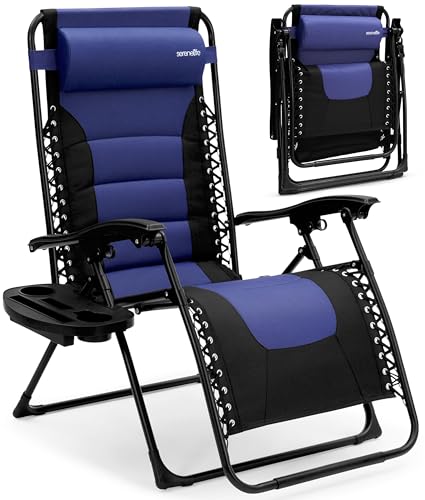 SereneLife Padded Zero Gravity Recliner Chair – Adjustable Foldable Lounge Chair with Side Table, Cup Holder & Headrest, Lockable Recline, Blue & Black, for Patio, Lawn, Camping, or Outdoor Relaxation