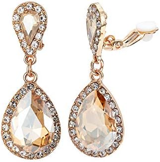 Classic Austrian Crystal Tear Drop Clip on Dangle Earrings for Women Girls (Champagne)