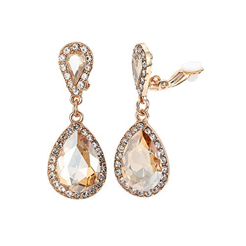 Classic Austrian Crystal Tear Drop Clip on Dangle Earrings for Women Girl