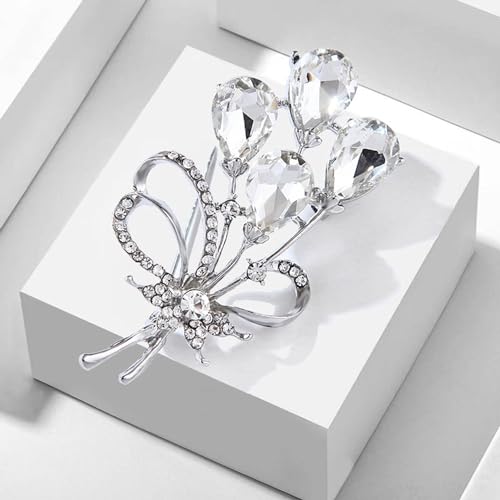 Image of Rhinestone Flower Brooch Pin Silver Tone Crystal Floral Pin Elegant Flower Cluster Corsage Brooch Vintage Wedding Bridal Lapel Pins Clothing Accessories Jewelry for Women Girls