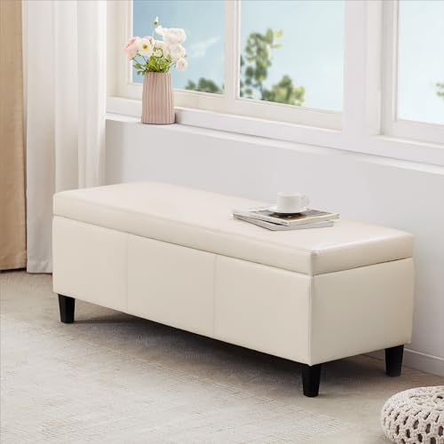 Image of HUIMO Faux Leather Storage Ottoman Bench 50.3 inch Extra Long Upholstered Bedroom Bench with Large Storage Space for The Living Room, Entryway, Bedroom Hold Up to 300lbs (Cream)
