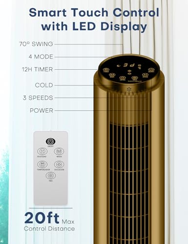 Image of HIFRESH Air Cooler for Home, Mute Operation, 107CM Tower Cooler w /Remote & LED Display, 4 Mode & 3 Speed, 12H Timer, 26 Feet Air Delivery, 4L Water Tank, 4 Ice Packs, 70 Swing Control - Brown