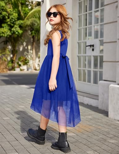 Image of Arshiner Girls Dresses Formal Party Wedding Tulle Sleeveless Contrast Mesh High Low Dress with Belt