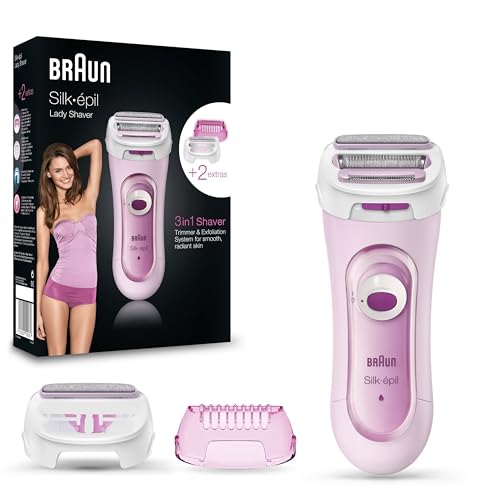 Braun Silk-épil Lady Shaver, Damenrasierer elektrisch, 3-in-1 Elektrischer Rasierer, Trimmer- und Peeling-System, kabelgebunden, Wet&Dry, Geschenk Frau, 5360, pink