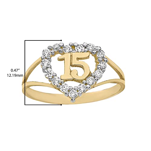 Quinceanera Jewelry 10K Yellow Gold Cubic Zirconia ‘15’ Fifteen Heart Ring, Available in Sizes 4-123