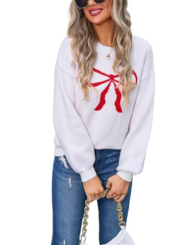 Image of Women's Cute Bow Print Sweater Crewneck Loose Long Sleeve Pullover Knitted Jumper Top
