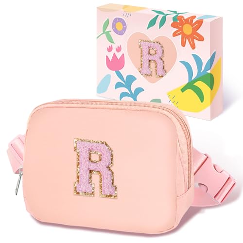 Image of COSHAYSOO Valentines Birthday Initial Gifts for Teen Girls 5 6 7 8 9 10 11 12 13 14 Year Old Pink Fanny Pack for Girls Belt Bag Crossbody Travel Purse Unique Trendy Girly Stuff Chenille Letter R