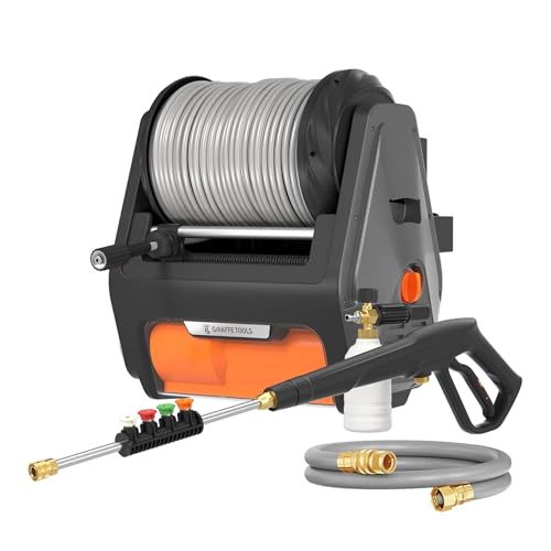 Image of Giraffe Tools Grandfalls Pressure Washer, Max 2900 PSI, 2.2 GPM Electric Wall Mounted Power Washer with 100ft Retractable Hose, Foam Cannon, 4-Nozzles for Car/Driveways/Patios