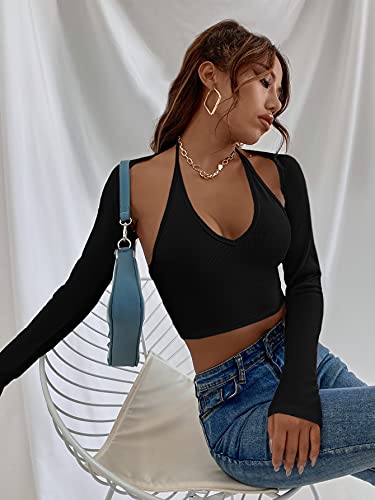 Makemechic Women's Tie Backless Halter Crop Top And Long Sleeve Shrug Cardigan Black S #TOP4