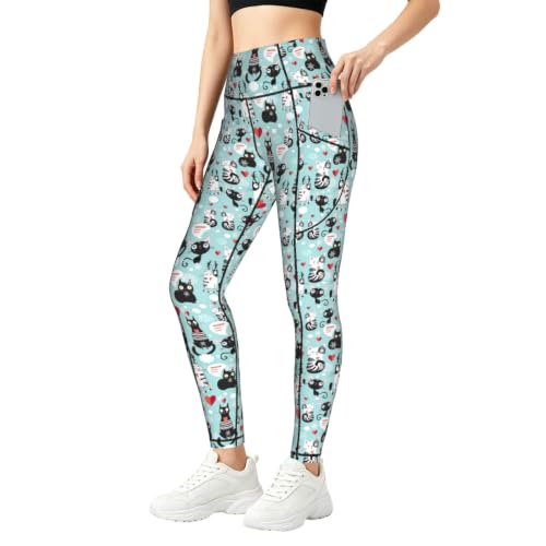Pantalones de yoga para mujer elásticos y atléticos con estampado de gatos en blanco y negro
