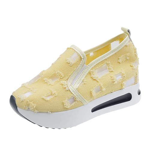 Platform Wedge Sneakers for Women,Breathable Fashion Floral Mesh Slip On Loafers,Chunky Sole Hidden High Heels Non Slip Walking Shoes,Comfortable Soft Work Shoes,Arch Support Sneakers Yellow