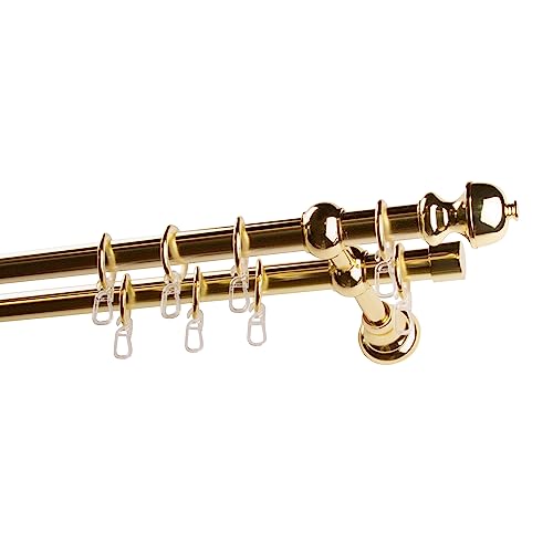 Garesa Gardinenstange Andrea Ø 20mm, 2-läufig, Messing I Stabile Vorhangstange inkl. Ringe + Faltenlegehaken I Mit Endknopf Profil klein I 150cm