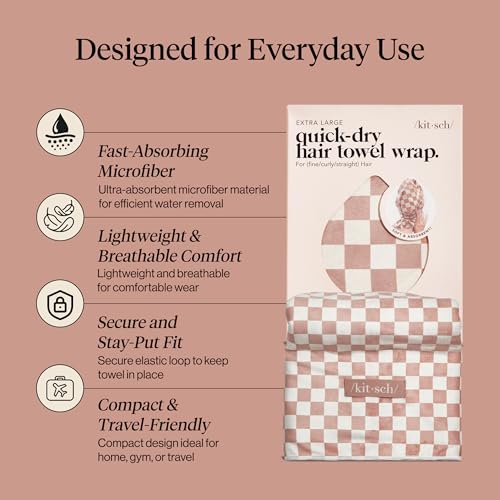 Kitsch XL Microfiber Hair Towel Wrap for Women - Terracotta Checkered - image 3