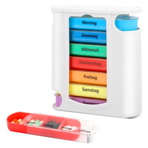 VMUTGA Tablettenbox, Tablettenbox 7 Tage mit 4 Fächer für Morgens Mittags Abends Nachts, Medikamentendose für unterwegs, Seniorenfreundliche Pillenbox