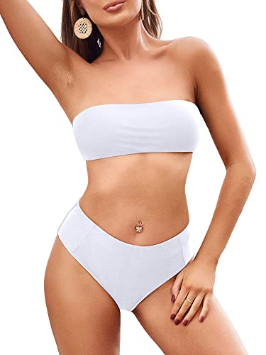 Image of ZAFUL Women's High Cut Bandeau Bikini Set Strapless Solid Color 2 Pieces Bathing Suit Swimsuit