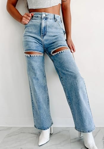 Women's High Waist Straight Wide Leg Baggy Jeans Ripped Rhinestone Trim Bling Y2k Stretch Denim Pants Streetwear3