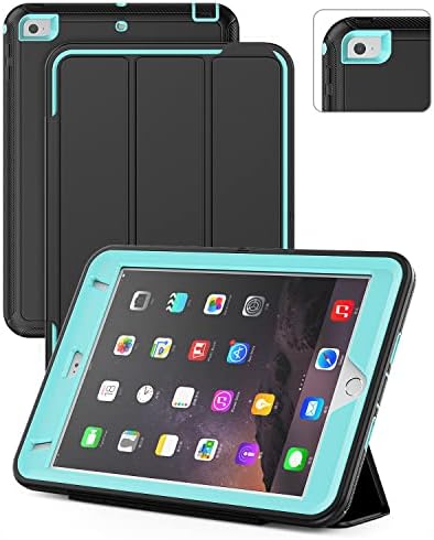 SEYMAC iPad Mini 5 / Mini 4 Case 7.9", Durable Sturdy Heavy Duty Shockproof Protection Folio Stand Case with Smart Cover Auto Sleep/Wake for iPad Mini 5th / 4th Generation, Black/Light Blue
