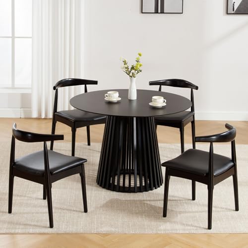 Wood Dining Chairs Set of 4, Faux Leather Dining Chairs with Open Curved Back, Mid Century Modern Dining Room Chairs Farmhouse Kitchen Chairs for Dining Room Restaurant -Black Wood Finish