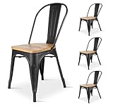 Kosmi - Lot de 4 chaises Style Industriel en métal Noir Mat et Assise en Bois Clair
