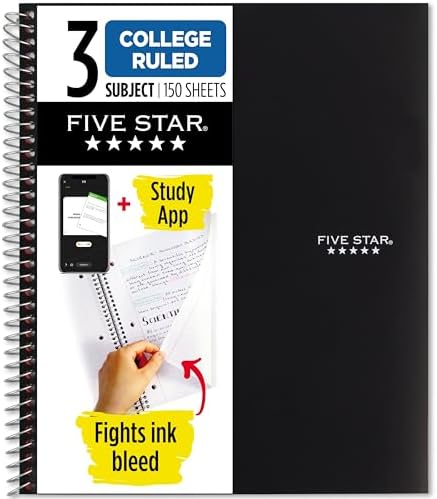 Five Star Spiral Notebook + Study App, 3 Subject, College Ruled Paper, Fights Ink Bleed, Water Resistant Cover, 8-1/2″ x 11″, 150 Sheets, Black (72069) Five Star Spiral Notebook + Study App, 3 Subject, College Ruled Paper, Fights Ink Bleed, Water Resistant Cover, 8-1/2″ x 11″, 150 Sheets, Black (72069)