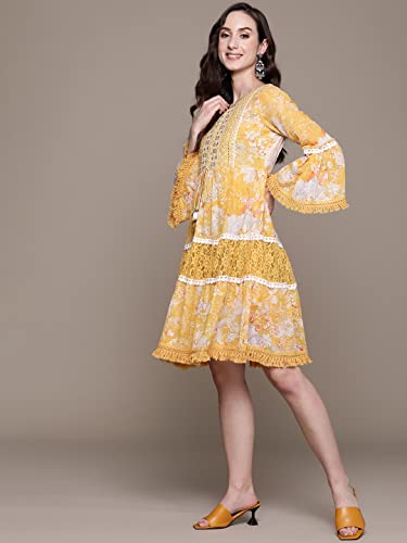 Image of ishin Women's Cotton Blend Embroidered A-Line Knee Length Dress