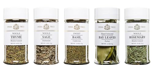 India Tree Kitchen Herb Essentials Gift Pack - 5 Jars of Mediterranean Thyme, Dalmatian Sage, California Basil, Turkish Bay Leaves, and Mediterranean Rosemary