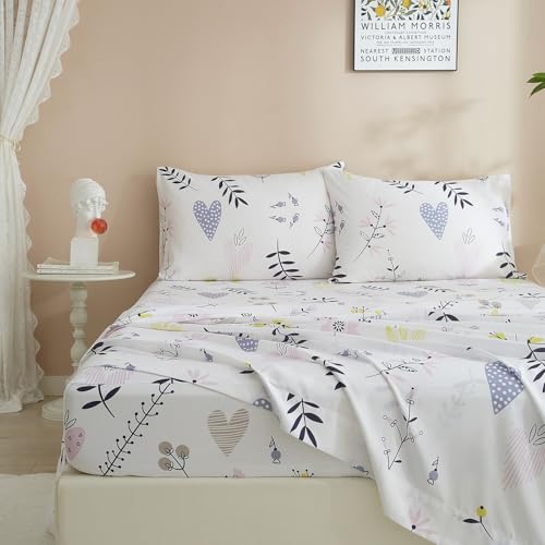 Image of HighBuy Queen Fitted Sheet Only - White Pink Botanical Floral - Ultra-Soft 15 inch Deep Pocket All Around Elastic - Luxury Microfiber Extra Soft Cooling Fitted Sheet for Women Girls Hot Sleepers