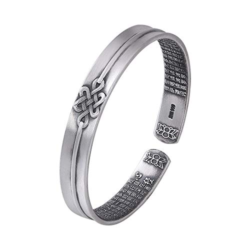 Bracelet Argent S925 Homme Femme jonc ouvert vintage mat noeud chinois gravé
