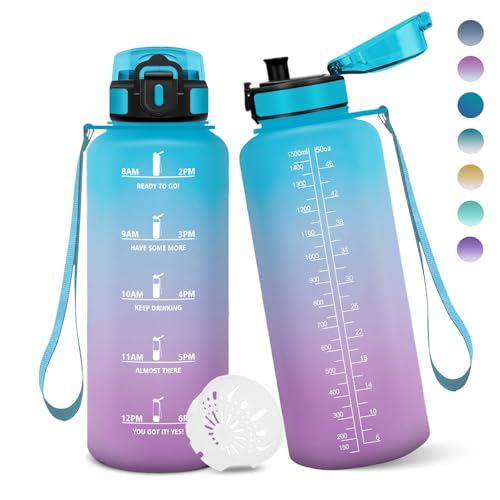 Baramumu Trinkflasche 1 5 liter, Auslaufsicher, Trinkflasche Kohlensäure Geeignet, Mit Zeitstempel, Wasserflasche, Sportflasche, für Yoga, Fahrrad, Fitness, Gym, Blau-Lila Baramumu Trinkflasche 1 5 liter, Auslaufsicher, Trinkflasche Kohlensäure Geeignet, Mit Zeitstempel, Wasserflasche, Sportflasche, für Yoga, Fahrrad, Fitness, Gym, Blau-Lila
