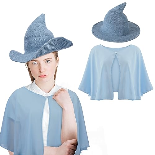 Berlune Soft Chiffon Shawl Wrap and Witch Hat Set - Lightweight, Foldable Costume Accessory for Women and Girls - Includes 1 Shawl and 1 Hat - One Size, Light Blue