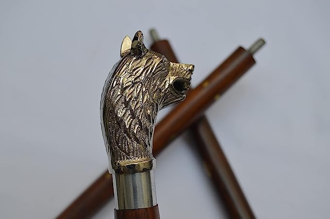 Mango náutico de cabeza de lobo de latón macizo hecho a mano con bastón de madera natural, plegable, 36 pulgadas, gran bastón para adultos y
