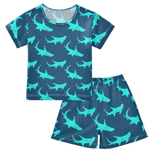 Cartoon Sharks Navy Pajama Set Short Sleeve Summer Pajamas Sleepwear Nightwear Set Cotton 5Y